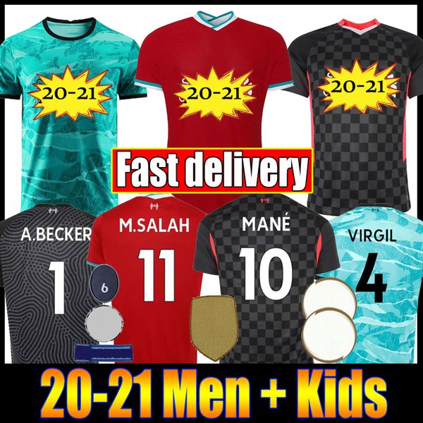 

new 2020 2021 mohamed m. salah firmino soccer jersey football shirts 20 21 virgil mane keita men + kids kits set uniforms, Black;yellow