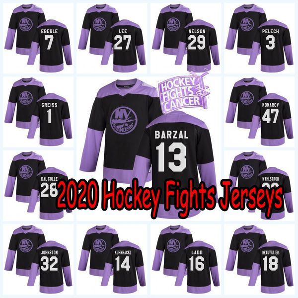

mathew barzal 2020 hockey fights cancer new york islanders josh bailey nick leddy ryan pulock scott mayfield semyon varlamov hockey jerseys, Black;red
