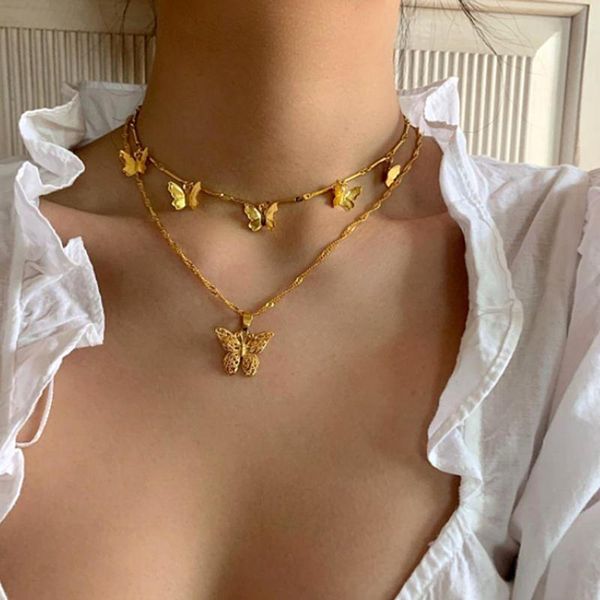 

1pc women bohemian multilayer butterfly clavicle chain necklace european 3d animals pendants punk choker necklaces party jewelry, Silver