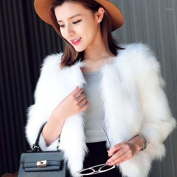 

autumn winter fur faux short coat black white imitation fur overcoat jacket 3/4 sleeve slim fit fashion outerwear1