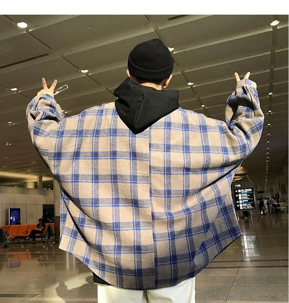 

men's casual shirts 2021 autumn thicken plaid harajuku man oversized loose long sleeve shirt plus size male blouse, White;black