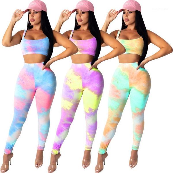 

two piece dress adfvat rainbow tie dye printed set women spaghetti strap crop stacked legging pant casual outfit of31671, White