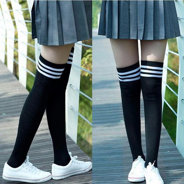 

girls women's clothing non-slip fashion thigh over knee high college style socks 2020 black, Black;white
