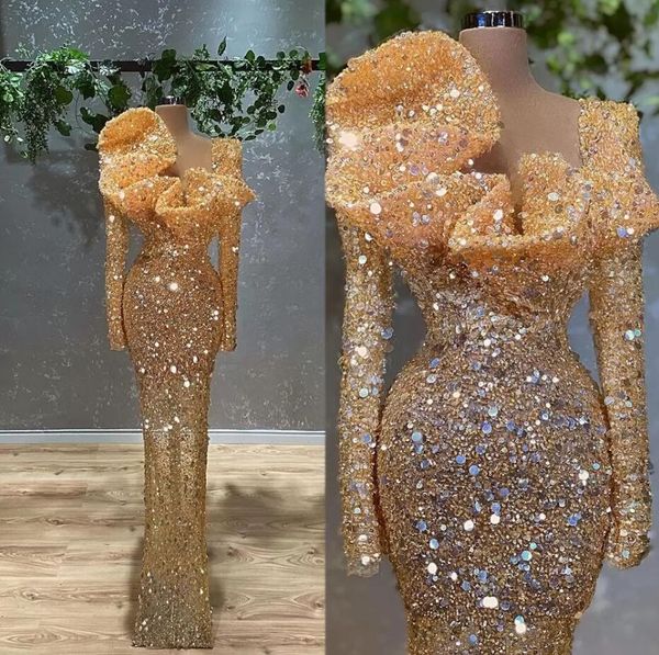 Glitter Oro Paillettes Mermaid Prom Dresses 2022 Maniche Lunghe Plus Size Sweep Treno Abiti Da Sera Formale Occasioni Per Le Donne Arabe Vestdidos De Novia PRO232