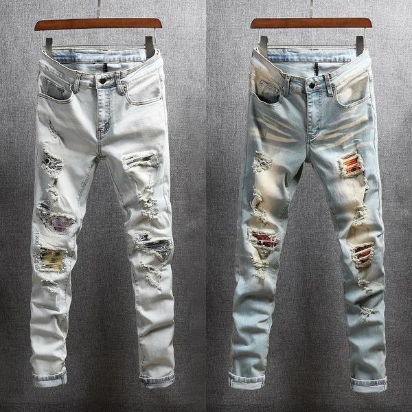 

men's jeans american streetwear fashion men retro blue elastic destroyed ripped denim punk pants patchwork designer hip hop trousers