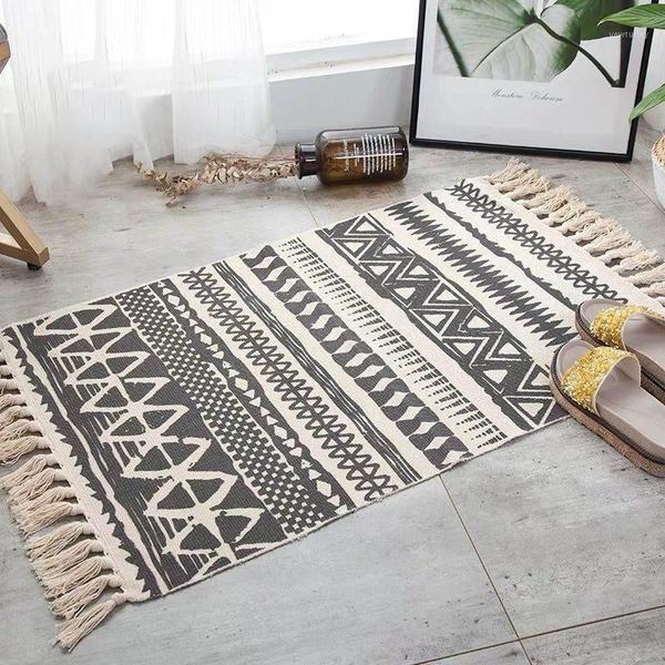 

carpets hand woven cotton linen carpet rug retro bohemian bedside geometric floor mat living room bedroom home decor1