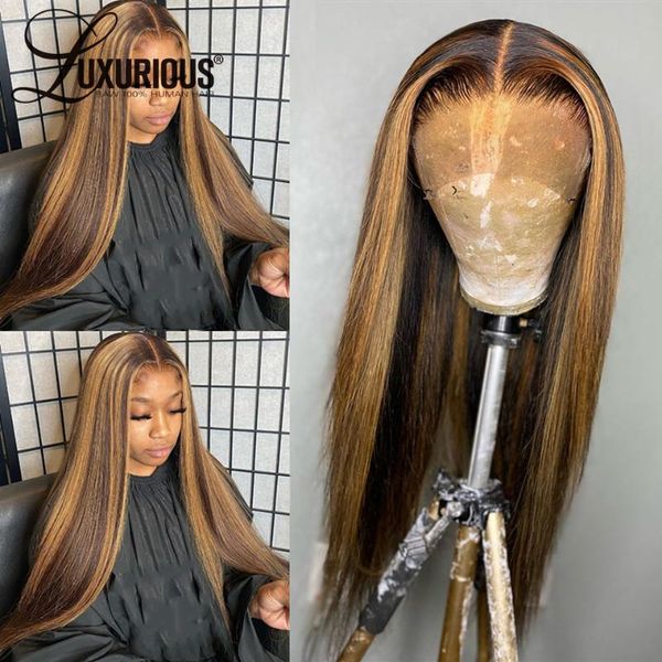 

brazilian natural 360 lace frontal wig straight highlight honey blonde brown full 13x6 lace front human hair wigs for women 8-26, Black;brown