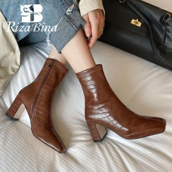 

rizabina women leather high heel shoes women ankle boots warm winter shoes zipper casual footwear size 34-401, Black