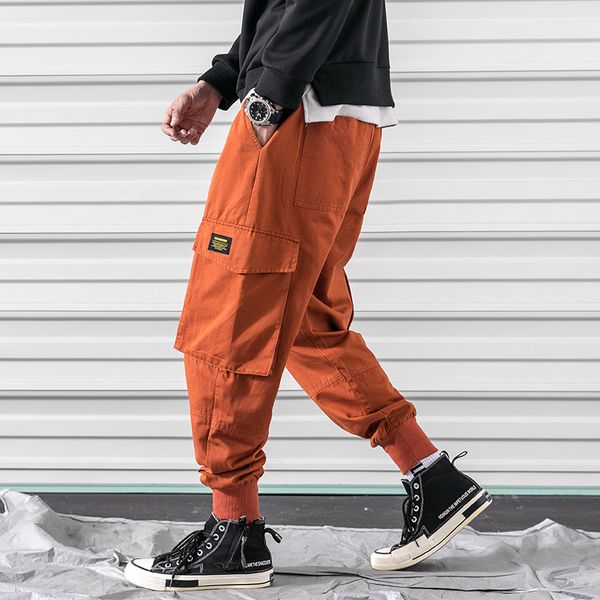 

spring cargo pants men cotton comfortable joggers trousers orange black many pockets pants ankle banded man casual trousers a913 lj201007