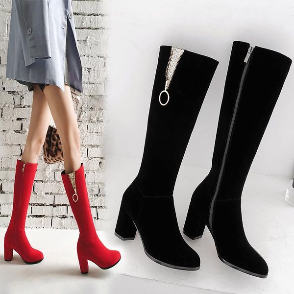 

women's boots the new winter fashion round head zipper plush high heel high tube women's shoes plus size 32-43 heel height 7cm, Black