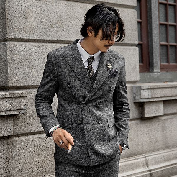 

soarin british double breasted coat men's plaid wedding business suit