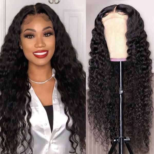 

deep wave lace front human hair wigs plucked hairline with baby hair peruvian water curly wig lace closure wig wet and wavy wig, Black;brown