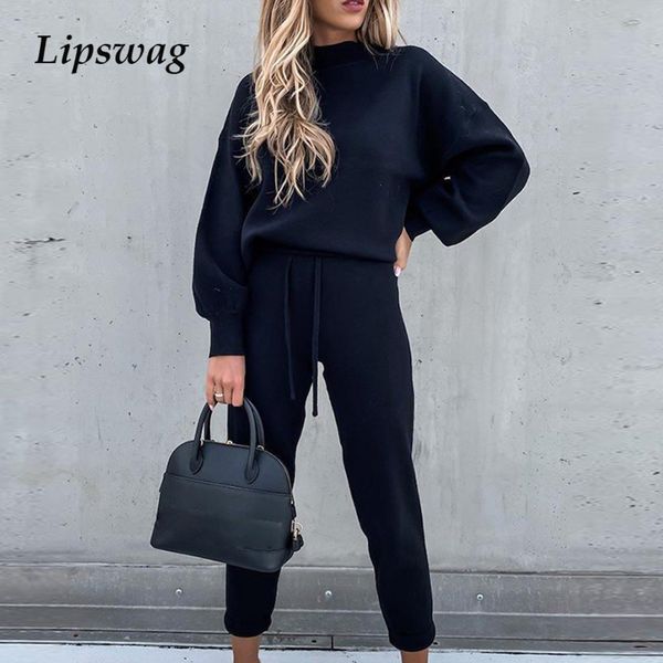

women casual solid color two piece set autumn winter fashion off shoulder sweatshirts and lace-up pants elegant suits streetwear c1103, Gray