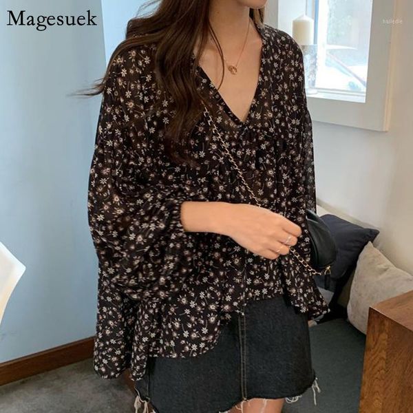 

autumn plus size chiffon blouse women puff sleeve v-neck print ladies and blouses 2021 casual loose slim women blouses 93071, White