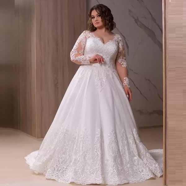 2022 Plus Size Bohemian Vestido de Noiva V Pescoço Appliques Longa Mangas Lace Vestidos Bridais Ruffle Sweep Train Feito Personalizado Abiti da Spassa