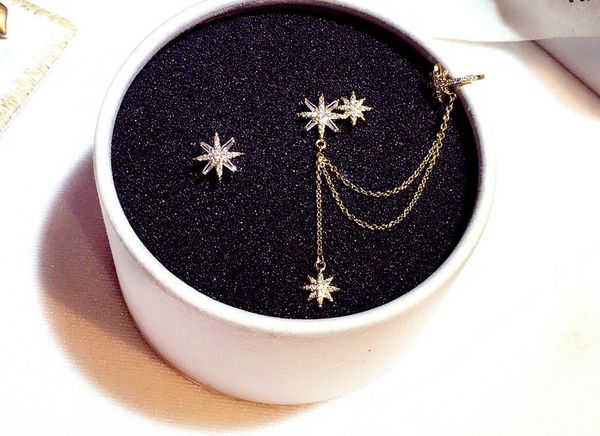 

fashion luxury unique designer lovely cute sparkling diamond zircon star asymmetric stud earrings for woman girls, Golden;silver