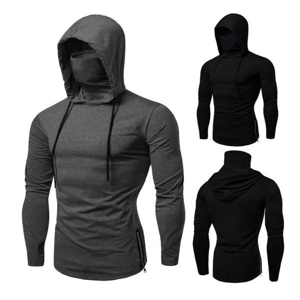 

solid color long sleeve men's hoodies with mask black gray elasticity coat moto biker style cool sweatshirts men hoodies 201127