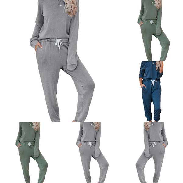 

new two piece wear leisure home long sleeve t-shirt and trousers set female 2296, Tan;black