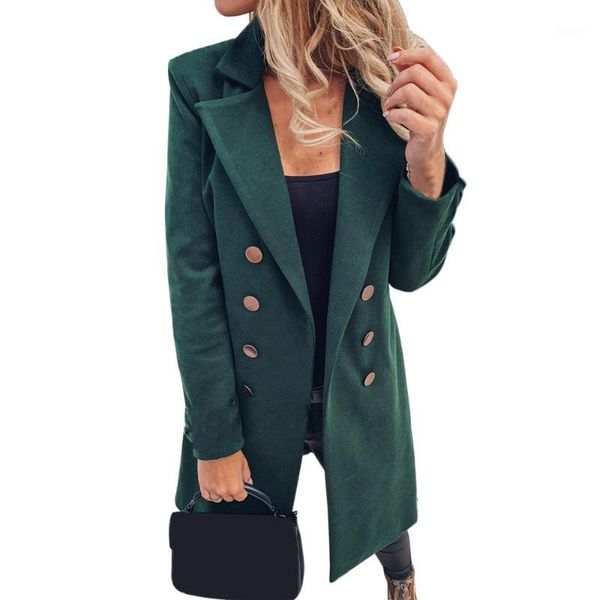 

adisputent 2020 spring jacket womens solid color basic essential double-breasted coat mid-long wool blend pea coat mujer s-3xl1, Black