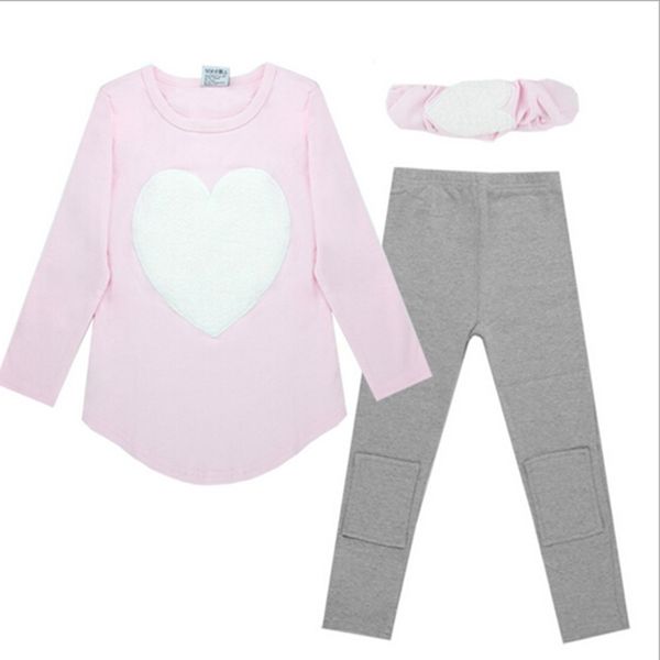 

3pcs 1pc hair band+1pc shirts+1pc pants children's clothing set girls long sleeve clothes suits red pink heart cotton y200525, White