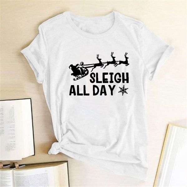 

сани весь день распечатать футболку счастливого рождества футболка женщины мода с коротким рукавом топы ropa mujer 2019 рождественская одежд, White