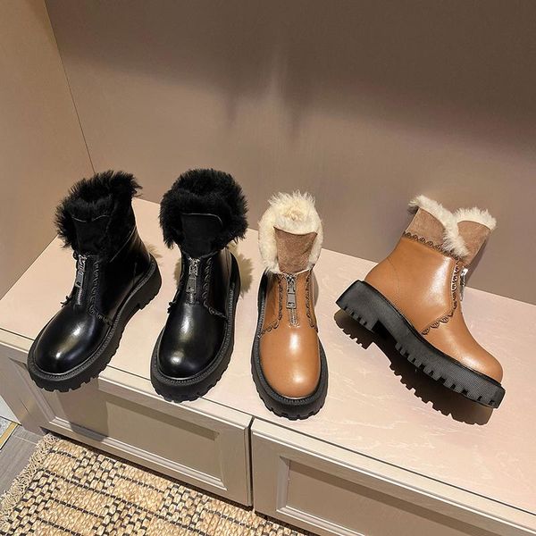 

boots real leather women snow warm fur winter shoes woman wool plush fashion platform boot high heel footwear cowhide, Black