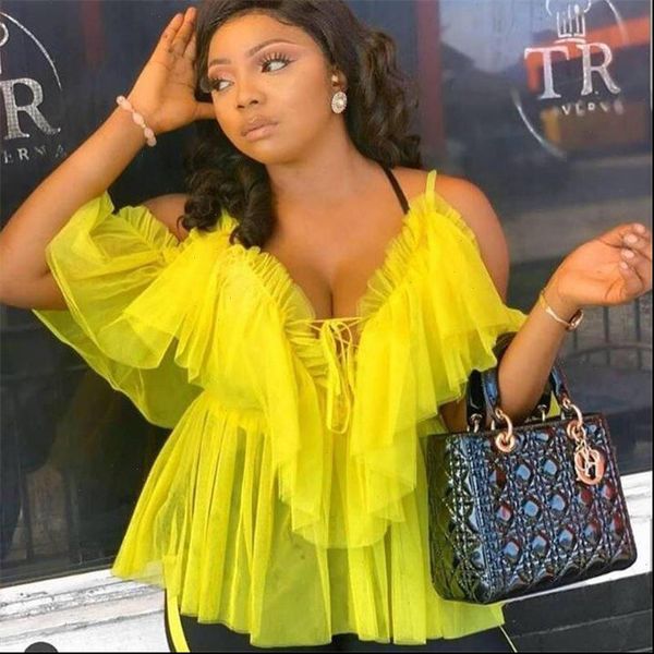 

2021 women casual backless spaghetti strap mesh blouses summer off shoulder party female vintage lace up ruffles shirt, White