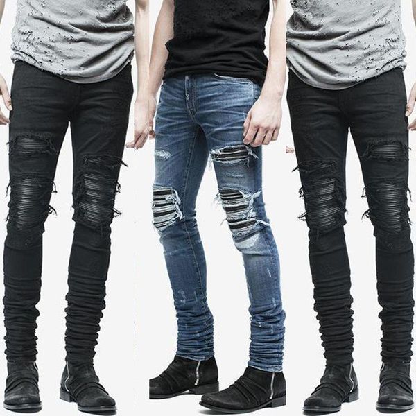 

new hem zipper stretch knee ripped biker jeans men hole hip hop clothing skinny jeans fashion brand men pants drop shipping, Blue