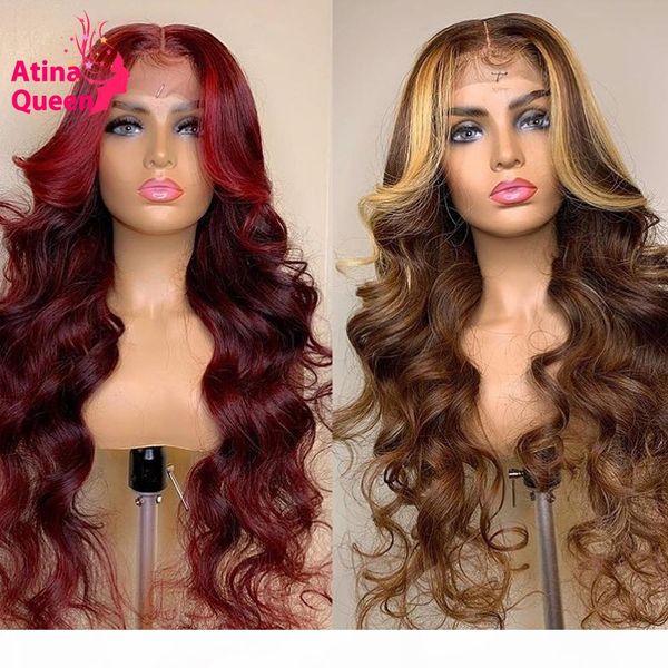 

13x6 colored human hair wigs 99j burgundy lace front wig highlight honey blonde wig remy preplucked natural hair wigs for women, Black