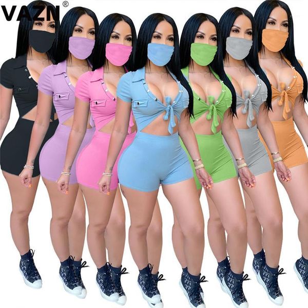 

vazn fashion 2020 summer lady 7 colors 2-piece playsuit face masks short sleeve button playsuit skinny casual playsuits1, Black;white