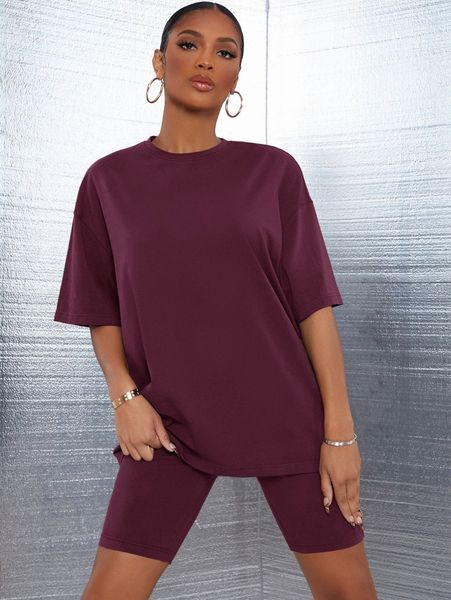 

sxy drop shoulder solid & biker shorts set m5pc#, White