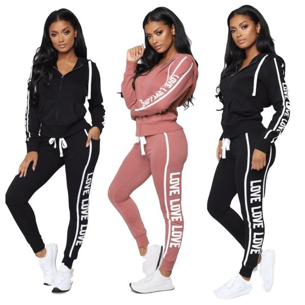 

women tracksuit 2 pieces set fashion letters printed long sleeve zipper hooded jacket pencil pants outfits ladies sweatsuits sportwear 2020, Gray