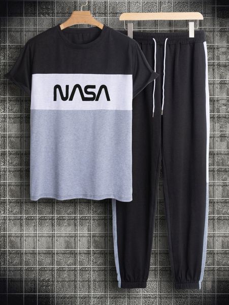 

men letter graphic color block tee & drawstring sweatpants t8ab#, Gray