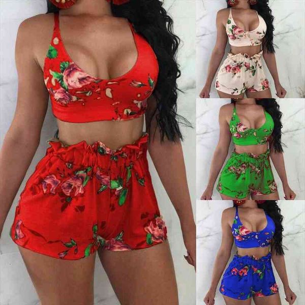 

women 2 pieces set floral printed mini dress and cropped halter fashion summer female button vest shorts set, Gray