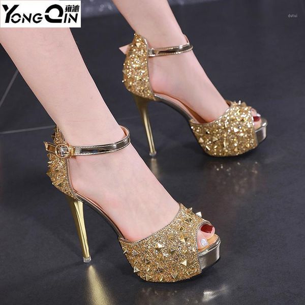 

12cm super high heel platform rivet fish mouth sandals women women's shoes1, Black