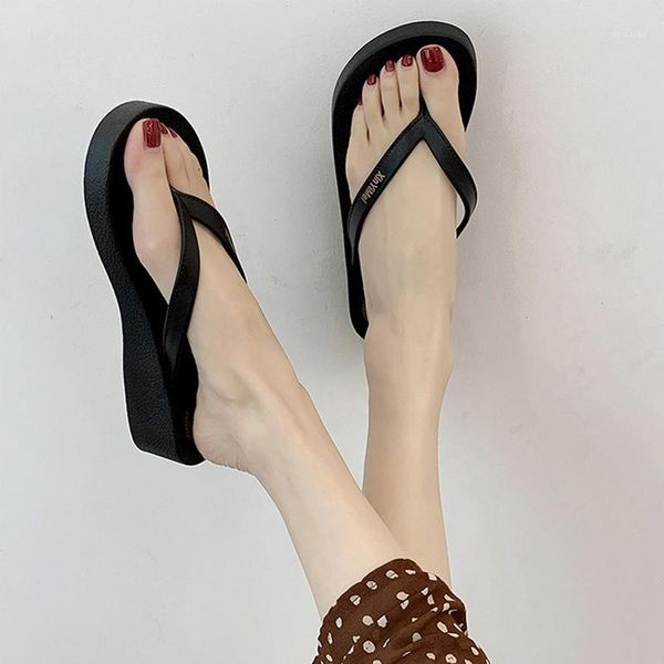 

slippers ngouxm women flip flops wedges summer outside soft shoes casual shinny beach 3.5 cm height1, Black