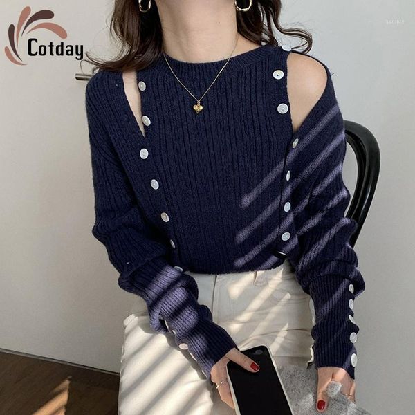 

cotday off shoulder brown mujer hiver button autumn winter clothes o-neck design women sueteres 2020 pullovers sweaters1, White;black