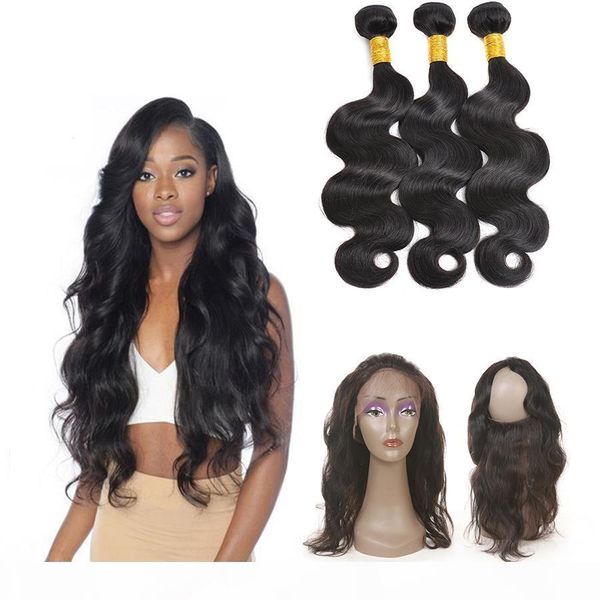 

360 lace frontal indian virgin hair body wave hair weaves 360 closure with bundles human hair 360 lace frontal with bundles, Black;brown