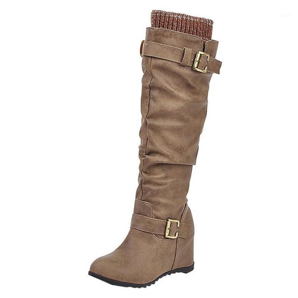 

women's slip-on wedges knee-high long boots buckle strap solid color bare boots square heel casual middle booties botas mujer1, Black