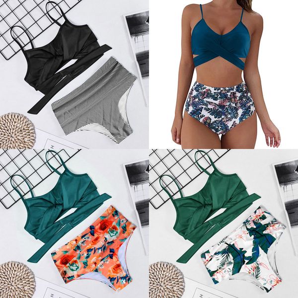 

solid printed bottom bikini set 2020 swimwear women high waist swimsuit cross push up bikini plus size bathing suit xxl q0105, White;black