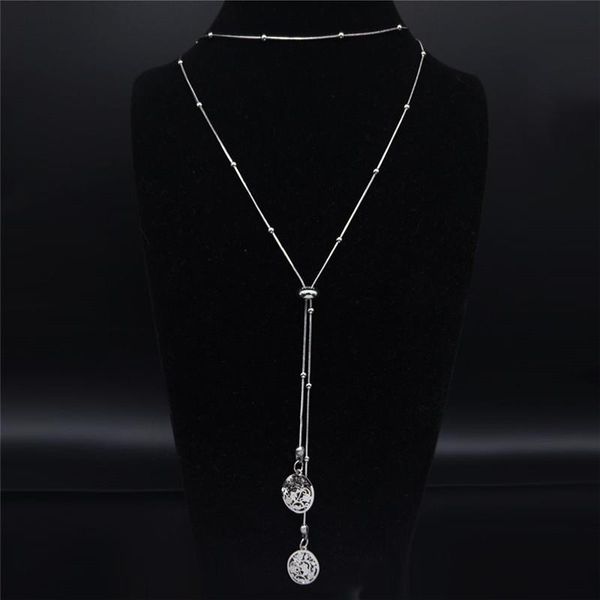 

stainless steel flower chain necklace women silver color long beads necklaces & pendants jewelry collar largo mujer n202346s05