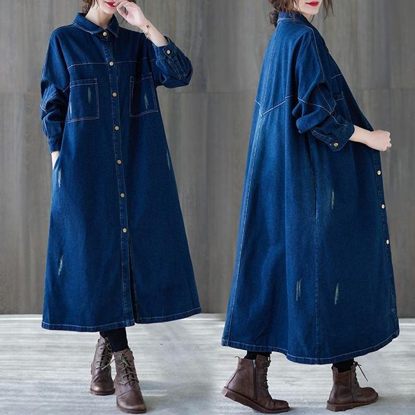 

casual dresses 2021 spring loose large size denim dress bleached turn down collar single-breasted cardigans women's jeans pockets, Black;gray