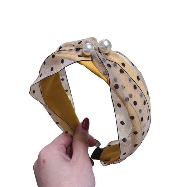 

korean wide side headband women sweet head hoop mesh yarn wave point pearl lace hairband beauty girls headdress hair hoop q sqcunt