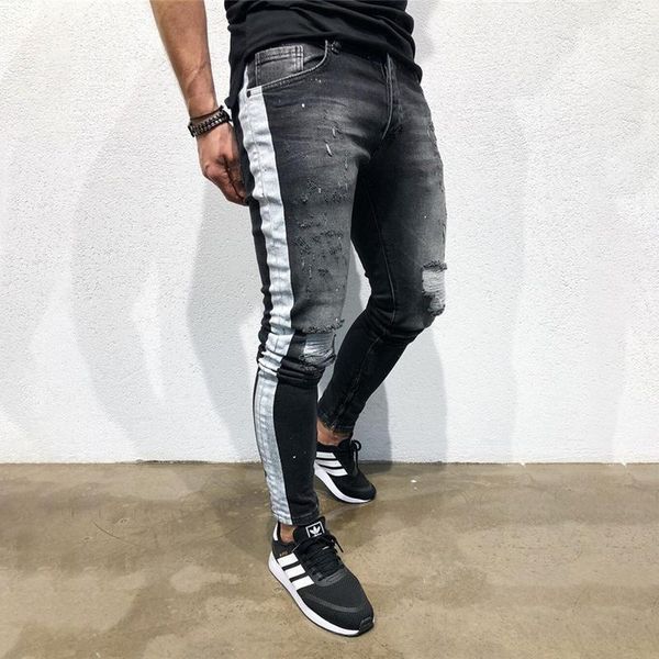 

men's fashion stretchy ripped skinny jeans destroyed denim pants 2021 mens casual elastic waist pencil pants1, Blue