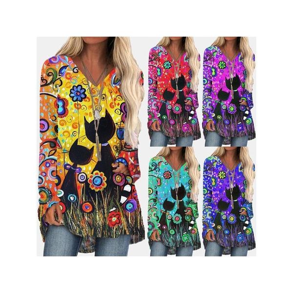 

women leisure holiday halloween style v-neck long-sleeve t-shirt cat printed irregular loose long blouse, White