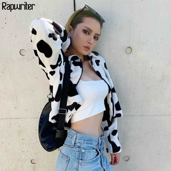 

rapwriter fashion turn down collar milk cow furry jacket women new streetwear long sleeve bomber zipper coat loose autumn 201029, Black;brown