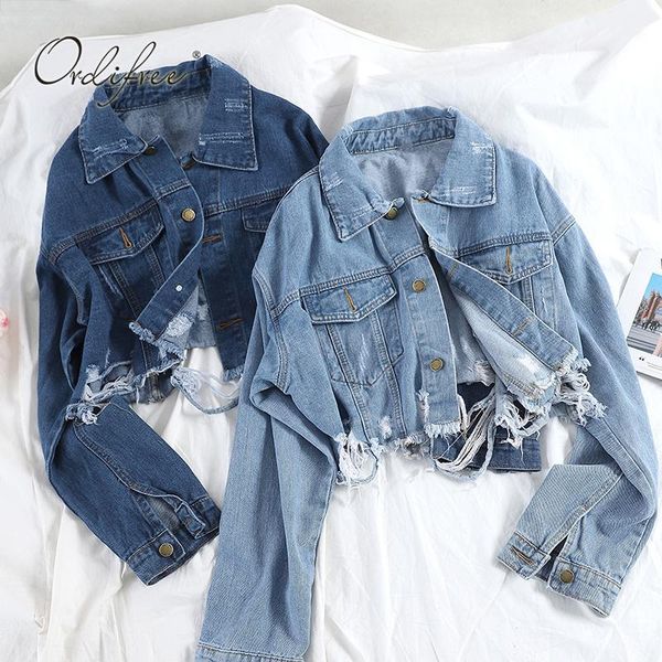 

ordi2020 autumn streetwear women denim jacket coat casual outwear fashion new short ripped jeans jacket coats1, Black;brown