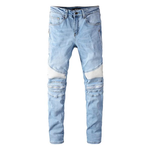 

mens jeans #630 distressed motorcycle biker jeans slim ripped hole stripe famous denim men pants jeans, Blue