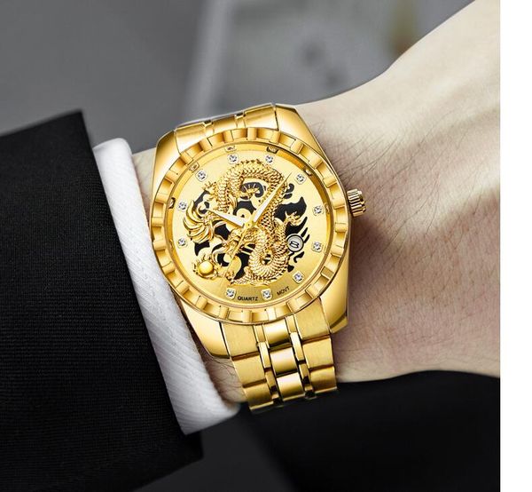 

wlisth watch men embossed hollow dragon wristwatch non men's watch full steel gold quartz male clock erkek kol saati, Slivery;brown