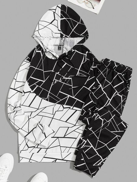 

men colorblock geo print drawstring hoodie & sweatpants 23us#, Gray